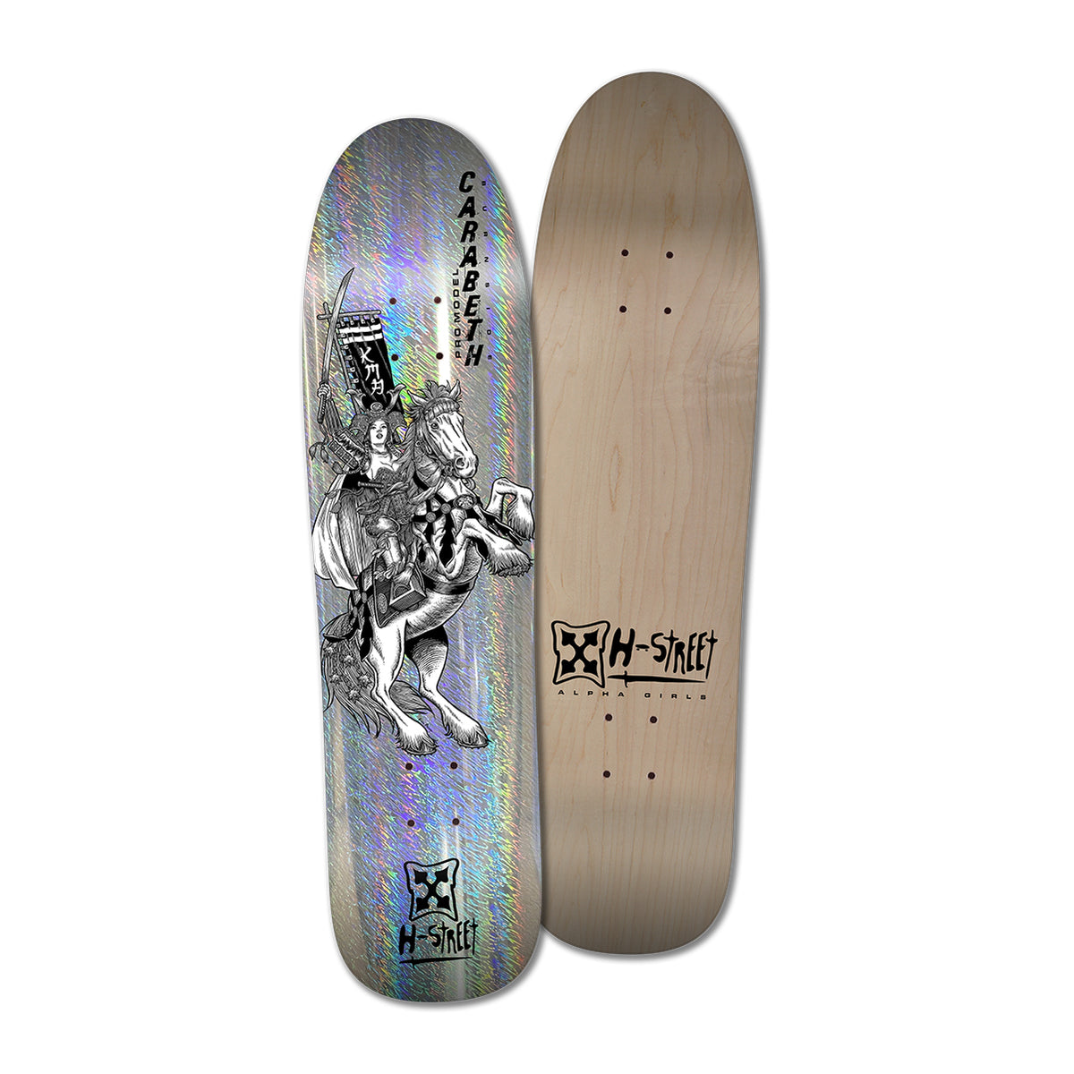 Bottom of skateboard with woman holding sword riding on a horse in black and white on shimmering background. Woods skateboard top with H-Street logo.