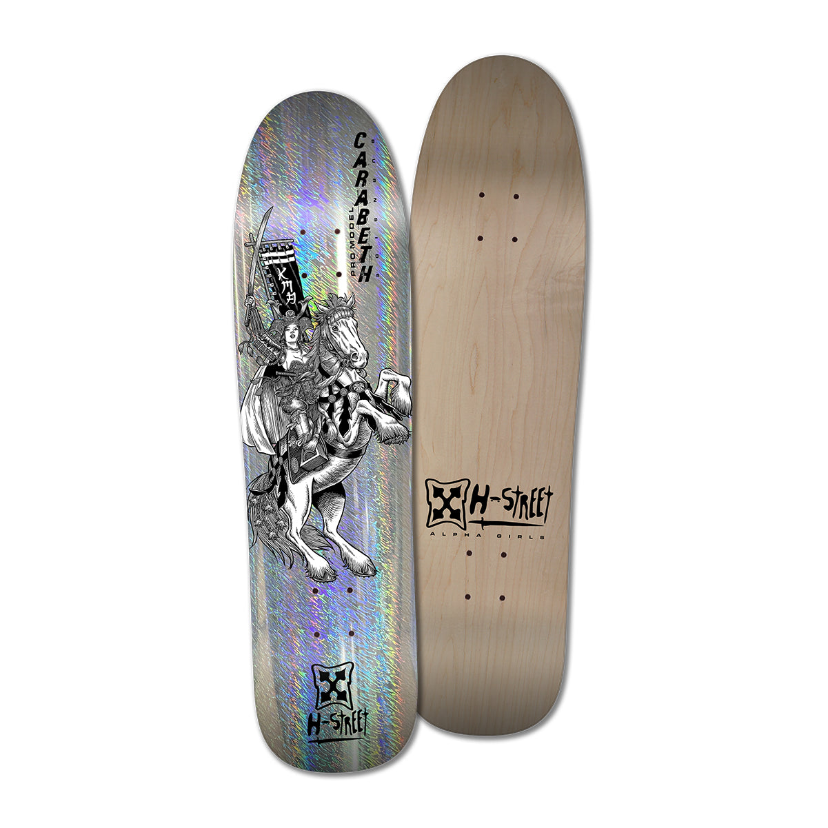 Bottom of skateboard with woman holding sword riding on a horse in black and white on shimmering background. Woods skateboard top with H-Street logo.