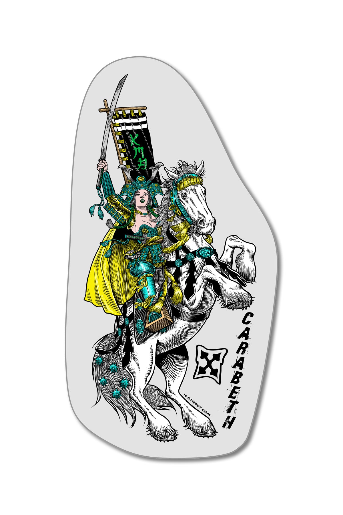 The CARABETH WARRIOR DECAL by Inkgenda features a fierce woman in green and yellow armor on a white horse, sword raised, with an Asian character banner. An 80’s style "CARABETH" decal makes it perfect for any Alpha Girl collection.