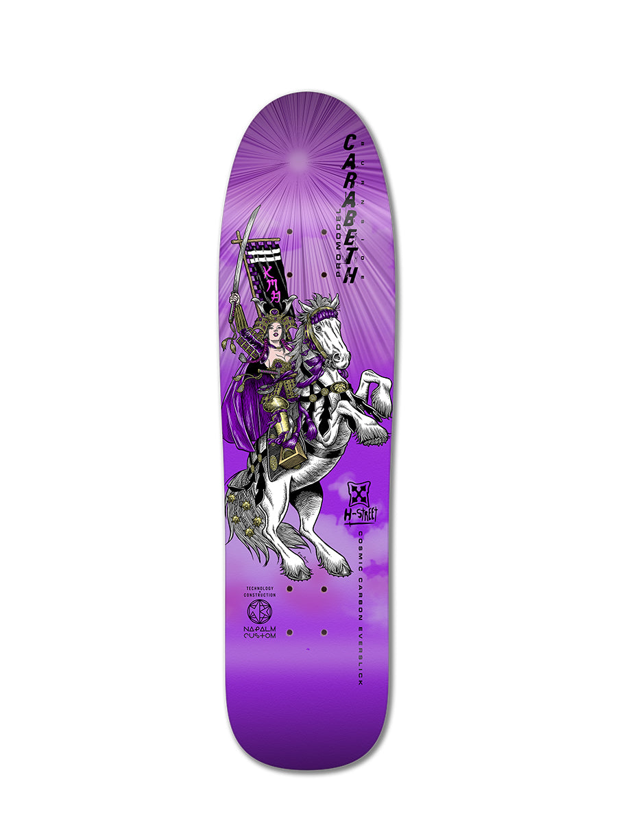 The Woodchuck ALPHA GIRLS COSMIC CARBON is a durable 4-ply hybrid skateboard deck with a purple gradient, featuring an illustrated warrior woman on a white horse with a banner, Carabesh name, and various logos.