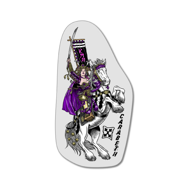 A decal featuring a graphic of a warrior on horseback, with the text 'Carabeth' at the bottom. The decal is primarily purple, black, and white.