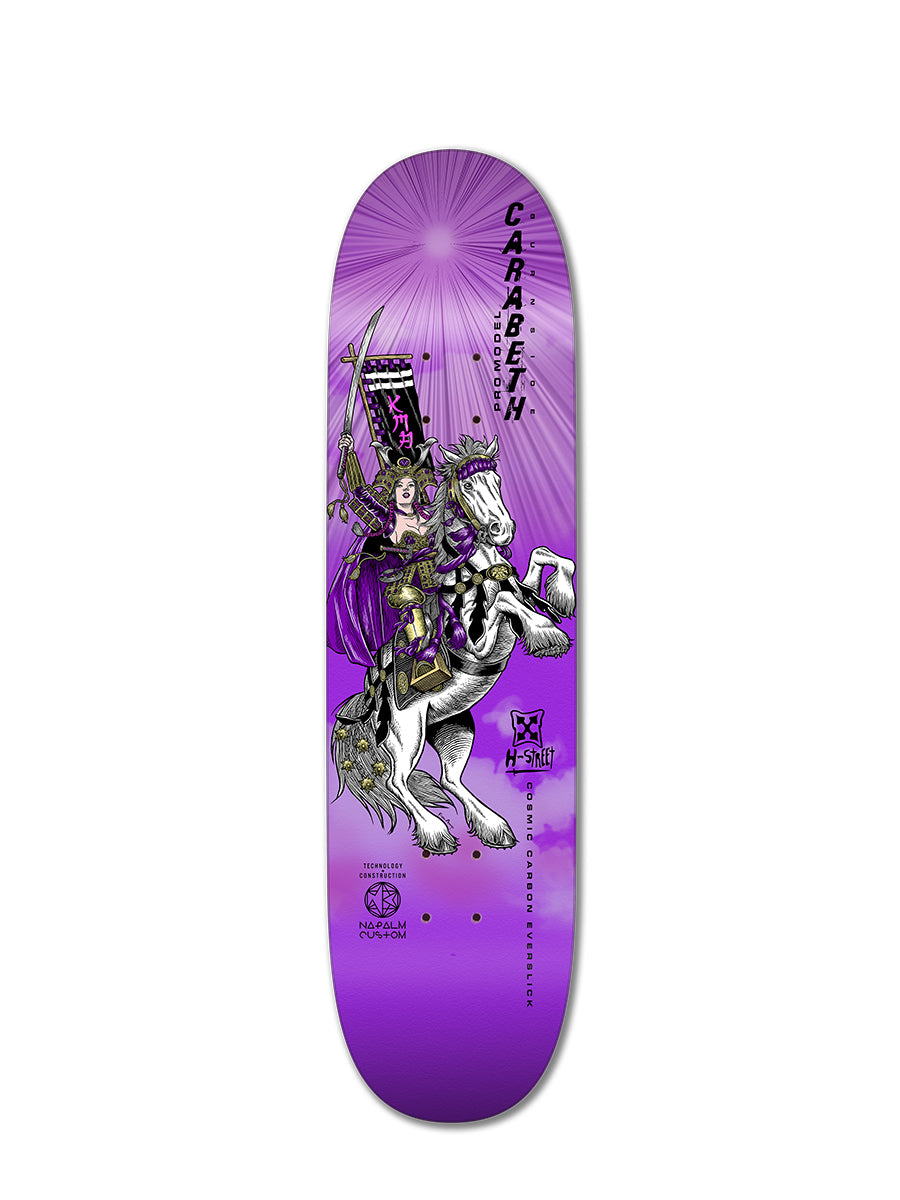 The Woodchuck ALPHA GIRLS COSMIC CARBON skateboard deck features a purple gradient background, with an illustrated warrior in armor on a white horse holding a flag, rays of light above, and the word CARABEN near the top.