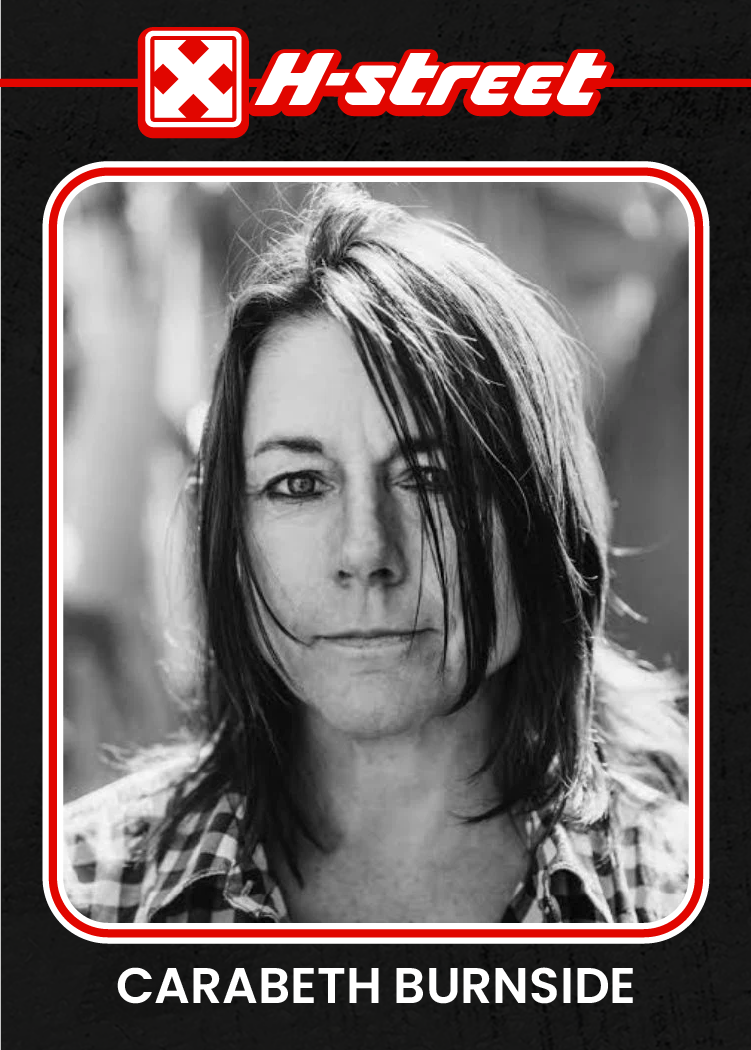 A card reminiscent of a baseball card, reading H-Street, Carabeth Burnside with a portrait image of Carabeth.