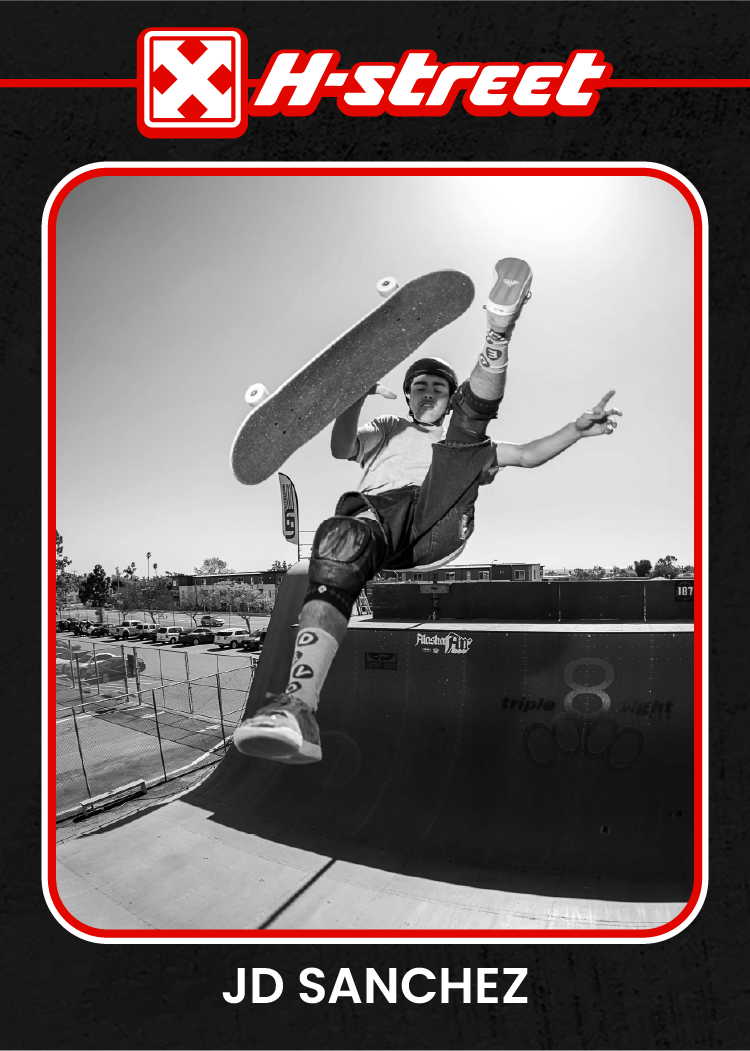 A card reminiscent of a baseball card, reading H-Street, JD Sanchez, with a black and white image of JD doing a trick on his skateboard. 