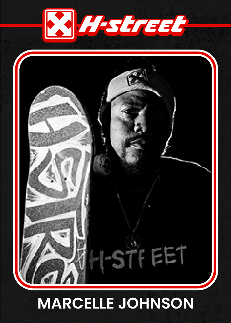 A card reminiscent of a baseball card, reading H-Street, Marcelle Johnson, with a portrait of Marcelle.
