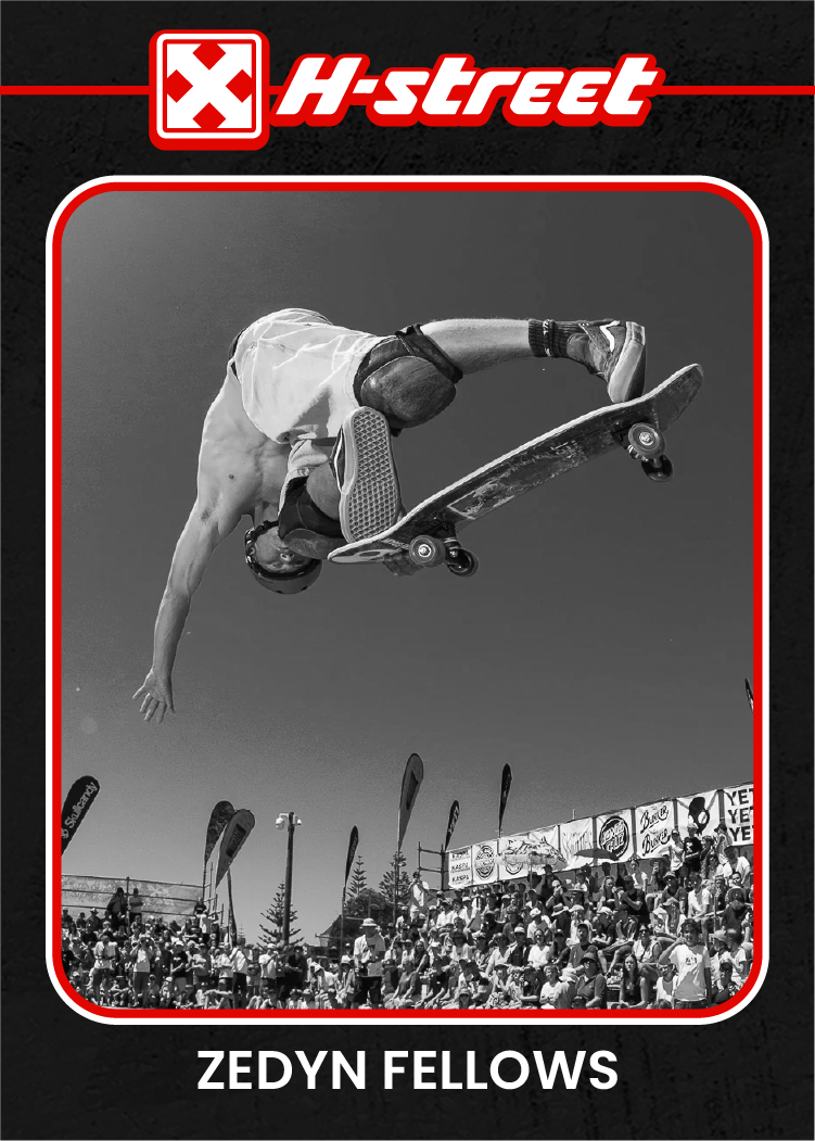 A card reminiscent of a baseball card, reading H-Street, Zedyn Fellows, with a black and white image of Zedyn doing a trick on his skateboard. 