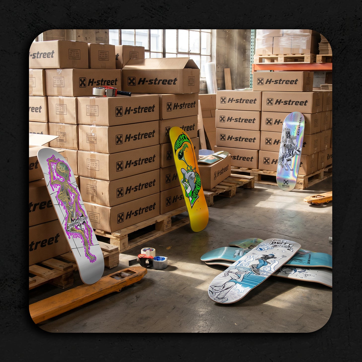 An image of the H-Street warehouse with boxes and skateboard decks on a textured dark grey background.