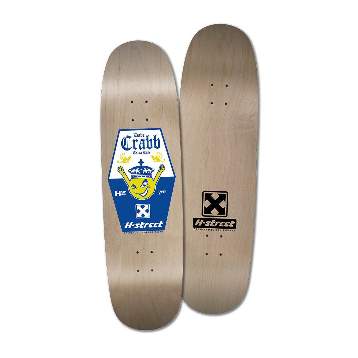 A skateboard deck with a graphic of a yellow circle with a face and crown reading Dave Crabb Extra Core on the bottom. On the top is the H-Street logo.