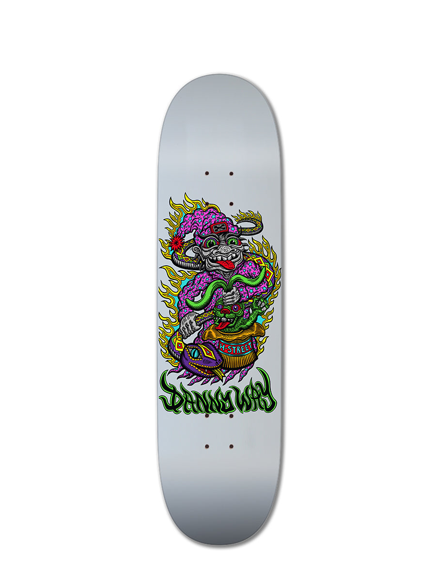 The Woodchuck D-WAY/DYER SE, RABBIT IN THE HAT skateboard deck features a bold design with a fierce purple creature wielding a club, flames, and green graffiti-style text on a light gray background for classic 90’s-inspired style.
