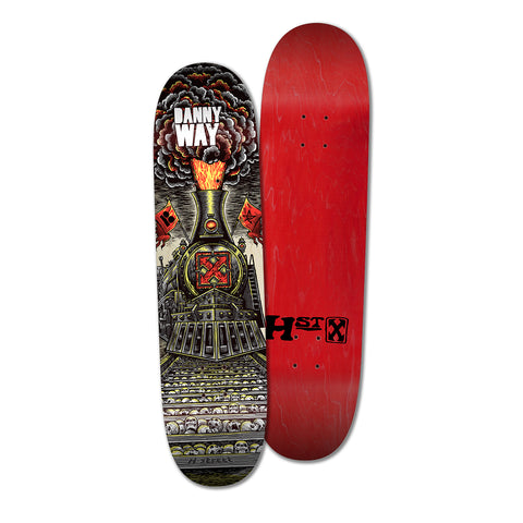A skateboard deck with a graphic design featuring a train and flames, predominantly in red, black, and gray colors on the bottom. The top is read with the text 'H st'.