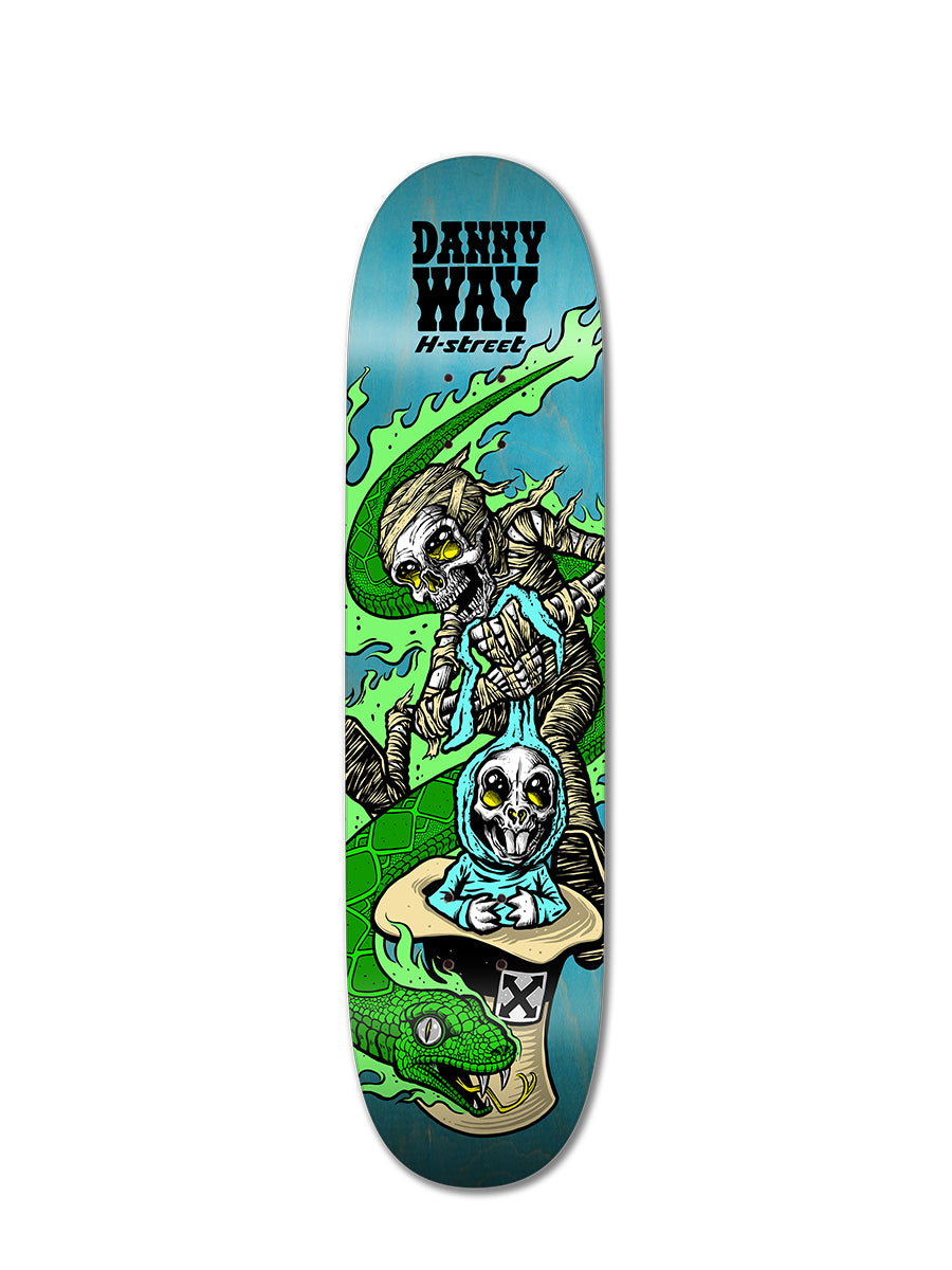 The Woodchuck DANNY WAY SERPENT & RABBIT deck showcases a mummy with a blue skull, green smoke, and a green snake, topped with “DANNY WAY H-STREET”—a standout piece for any Danny Way skateboard collector.