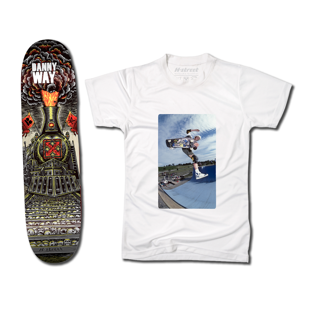 The bottom of a Danny Way skateboard deck with an illustrated train. There's also a white t-shirt with a photo on the front of a skateboarder.