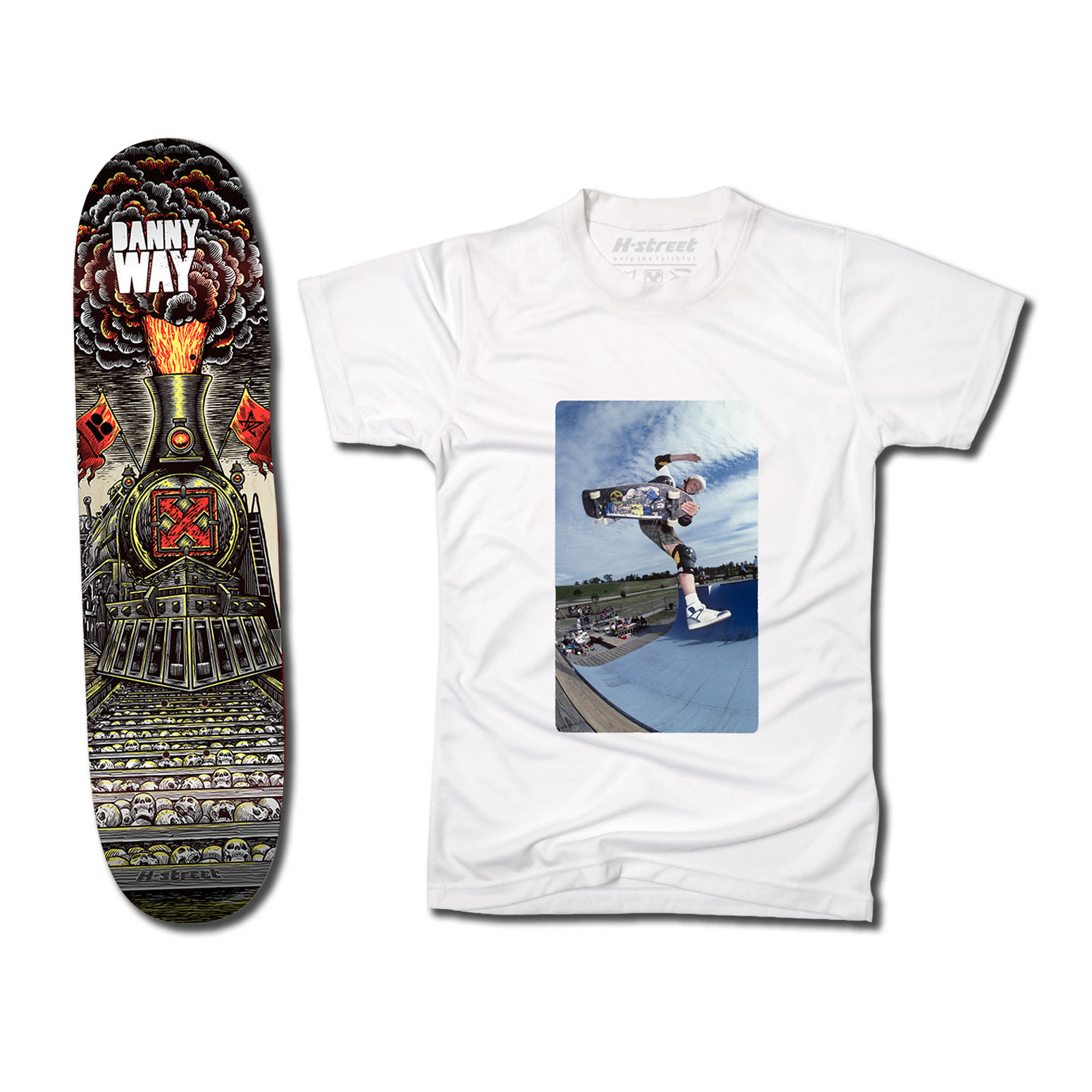 The bottom of a Danny Way skateboard deck with an illustrated train. There's also a white t-shirt with a photo on the front of a skateboarder.