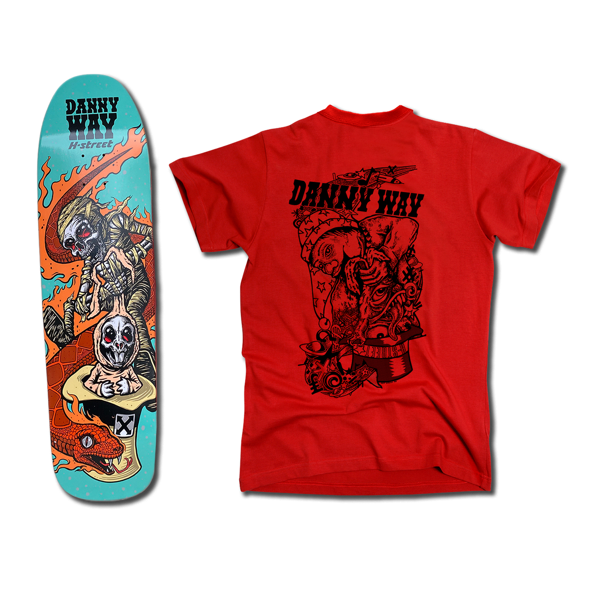 The bottom of a Danny Way Rabbit in the Hat themed blue orange-tan skateboard deck with an illustrated mummy, bunny, and snake. There's also a red t-shirt with an illustration of a psychedelic rabbit being pulled out of a hat on the back.