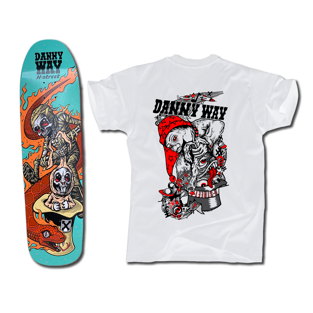 The bottom of a Danny Way Rabbit in the Hat themed blue orange-tan skateboard deck with an illustrated mummy, bunny, and snake. There's also a white t-shirt with an illustration of a psychedelic rabbit being pulled out of a hat on the back.