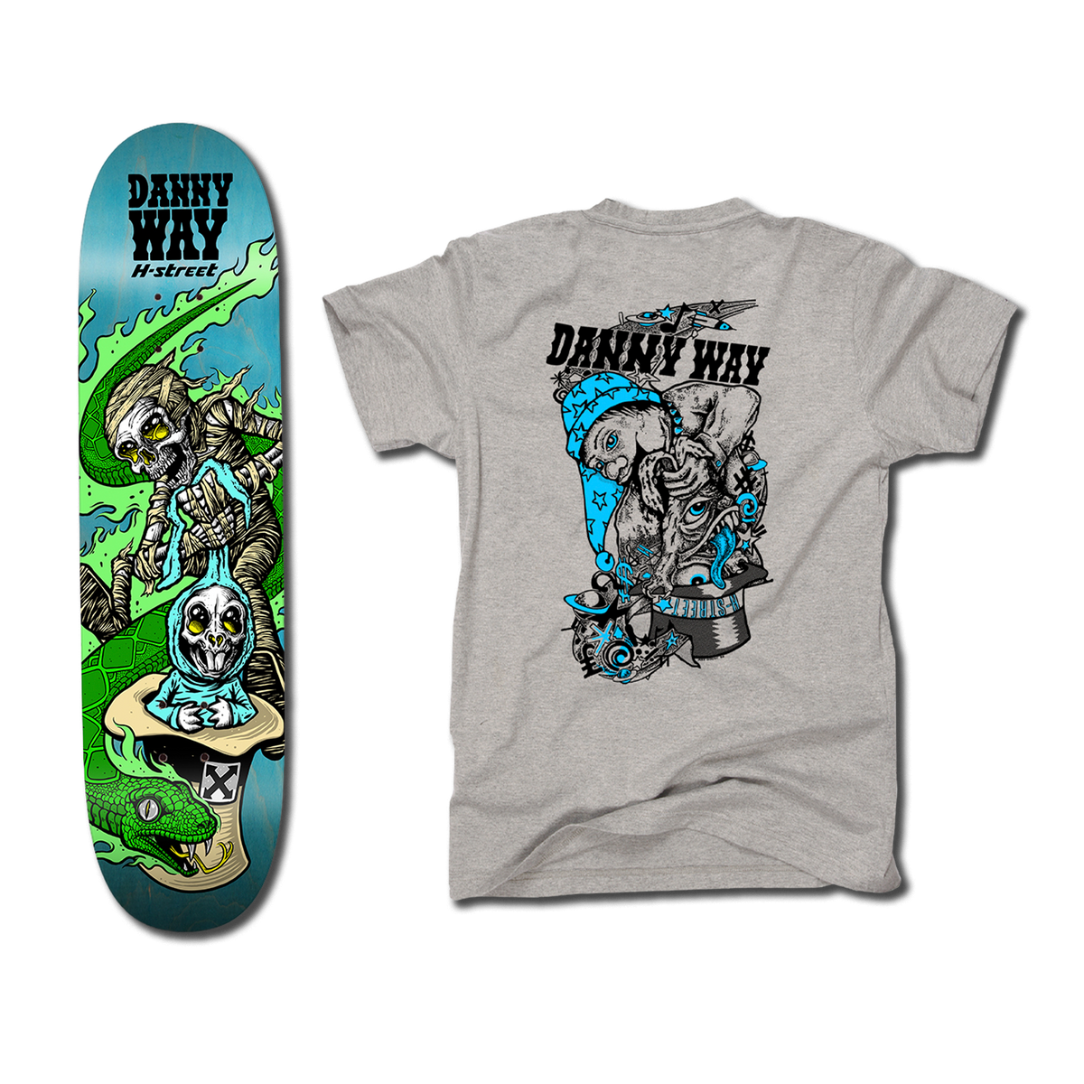 The bottom of a Danny Way Rabbit in the Hat themed blue-green skateboard deck with an illustrated mummy, bunny, and snake. There's also a grey t-shirt with an illustration of a psychedelic rabbit being pulled out of a hat on the back.