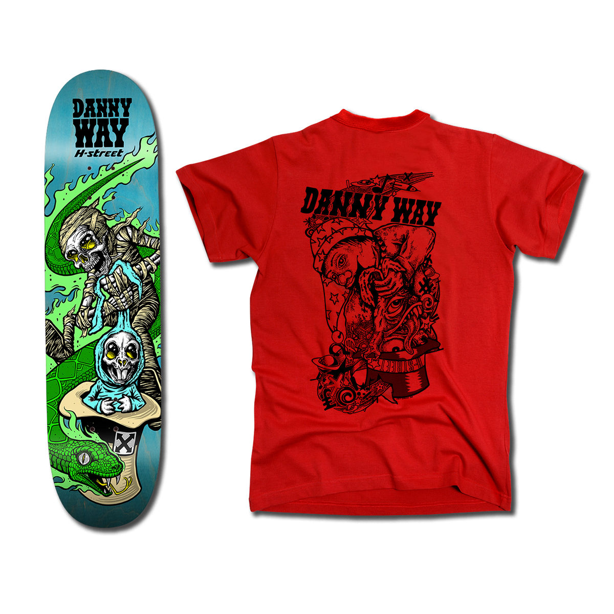 The bottom of a Danny Way Rabbit in the Hat themed blue-green skateboard deck with an illustrated mummy, bunny, and snake. There's also a red t-shirt with an illustration of a psychedelic rabbit being pulled out of a hat on the back.