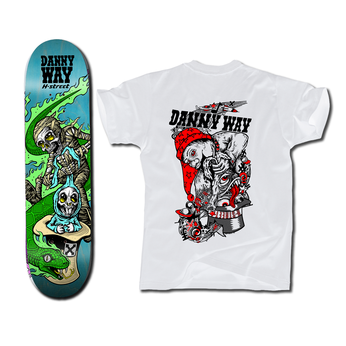 The bottom of a Danny Way Rabbit in the Hat themed blue-green skateboard deck with an illustrated mummy, bunny, and snake. There's also a white t-shirt with an illustration of a psychedelic rabbit being pulled out of a hat on the back.