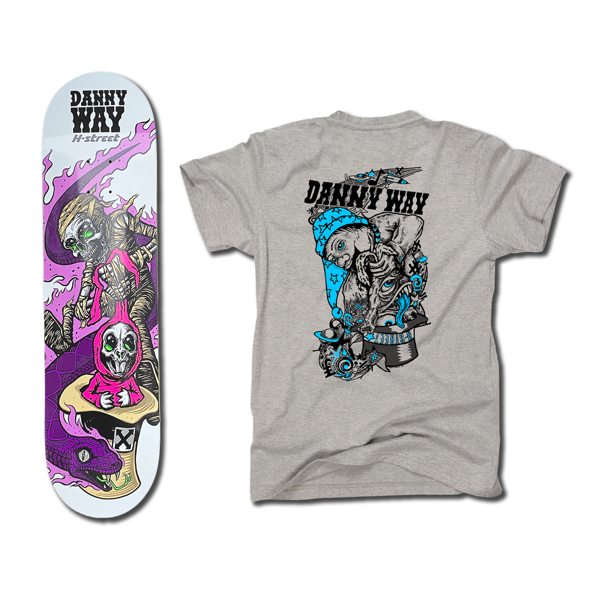 The bottom of a Danny Way Rabbit in the Hat themed white pink-purple skateboard deck with an illustrated mummy, bunny, and snake. There's also a grey t-shirt with an illustration of a psychedelic rabbit being pulled out of a hat on the back.