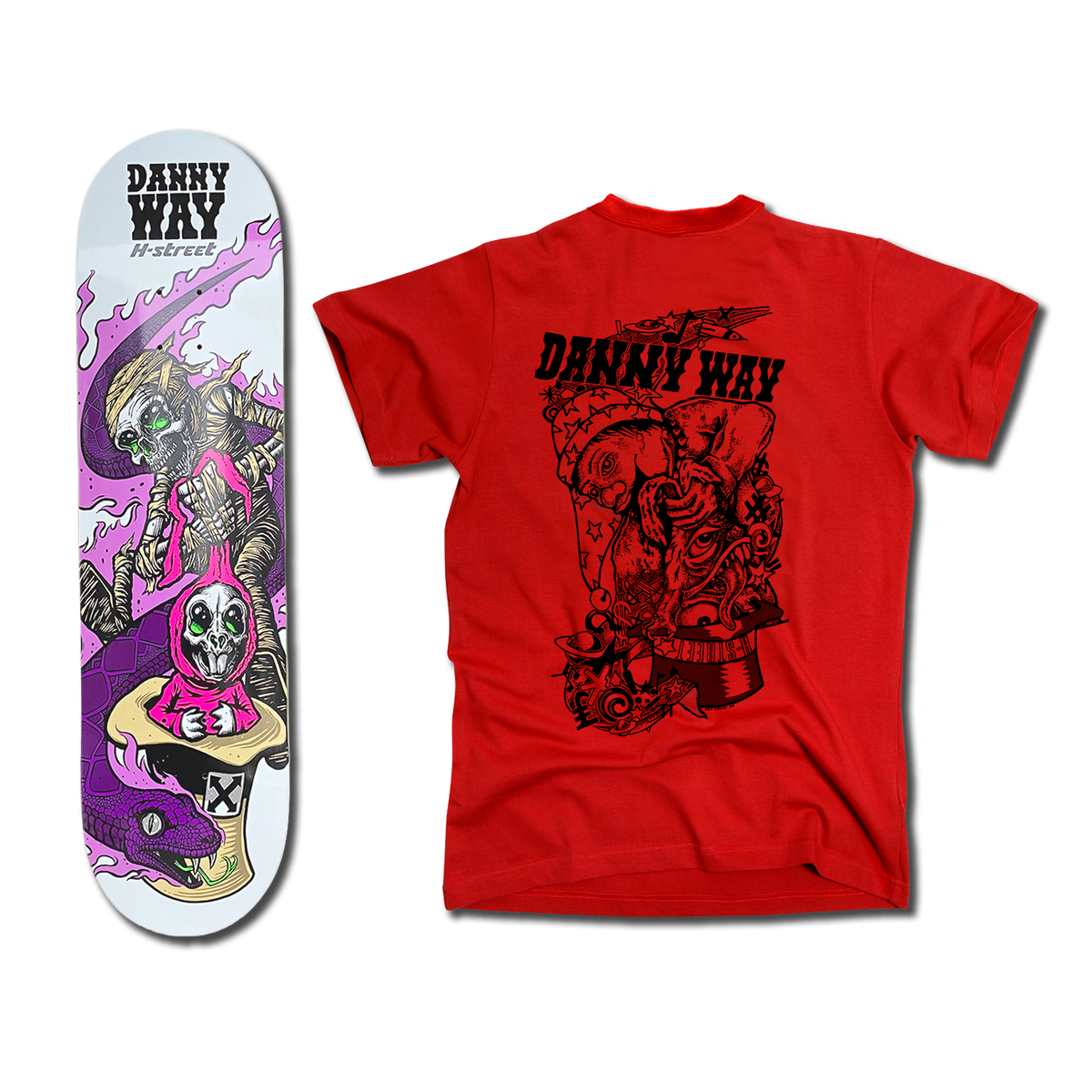 The bottom of a Danny Way Rabbit in the Hat themed white pink-purple skateboard deck with an illustrated mummy, bunny, and snake. There's also a red t-shirt with an illustration of a psychedelic rabbit being pulled out of a hat on the back.