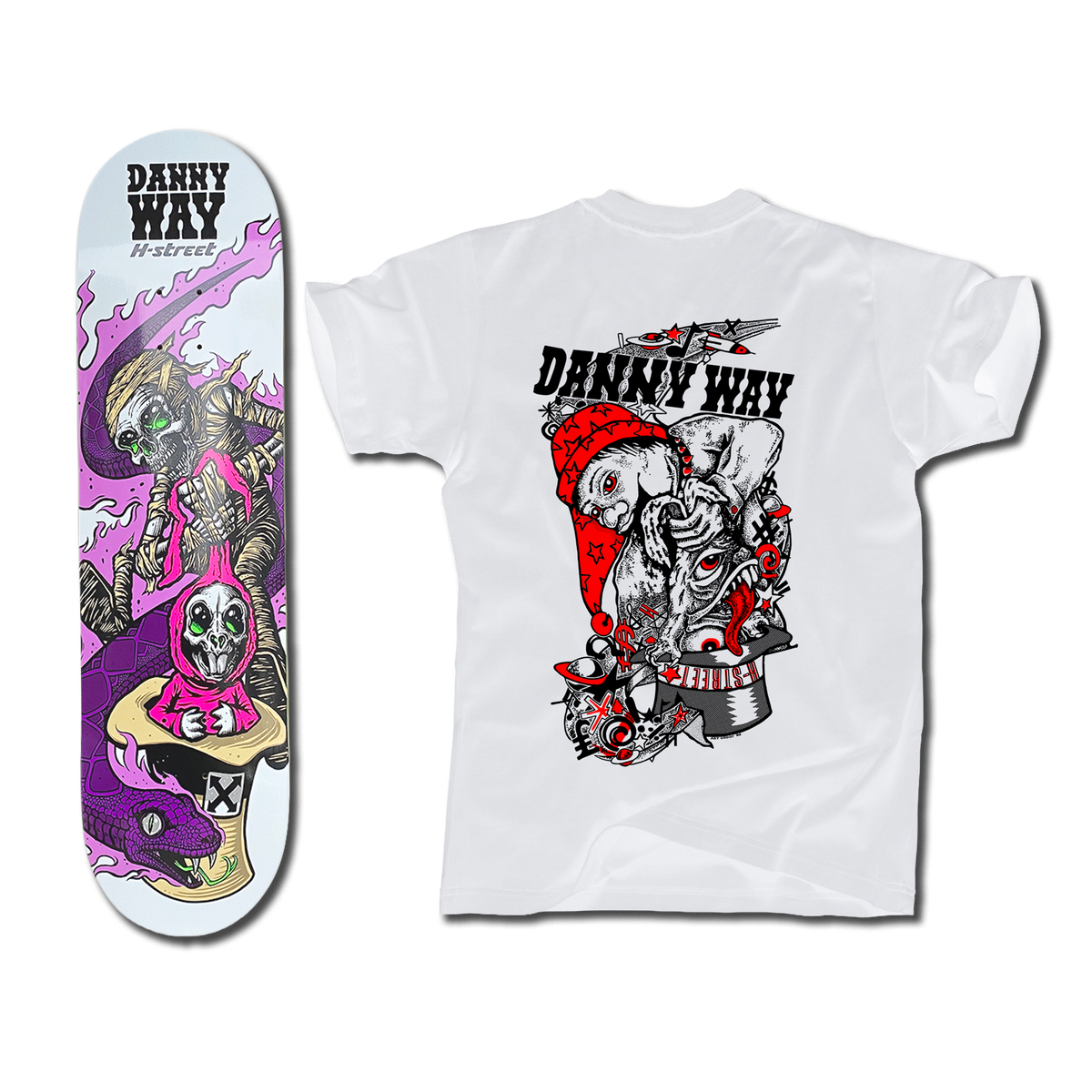 The bottom of a Danny Way Rabbit in the Hat themed white pink-purple skateboard deck with an illustrated mummy, bunny, and snake. There's also a white t-shirt with an illustration of a psychedelic rabbit being pulled out of a hat on the back.