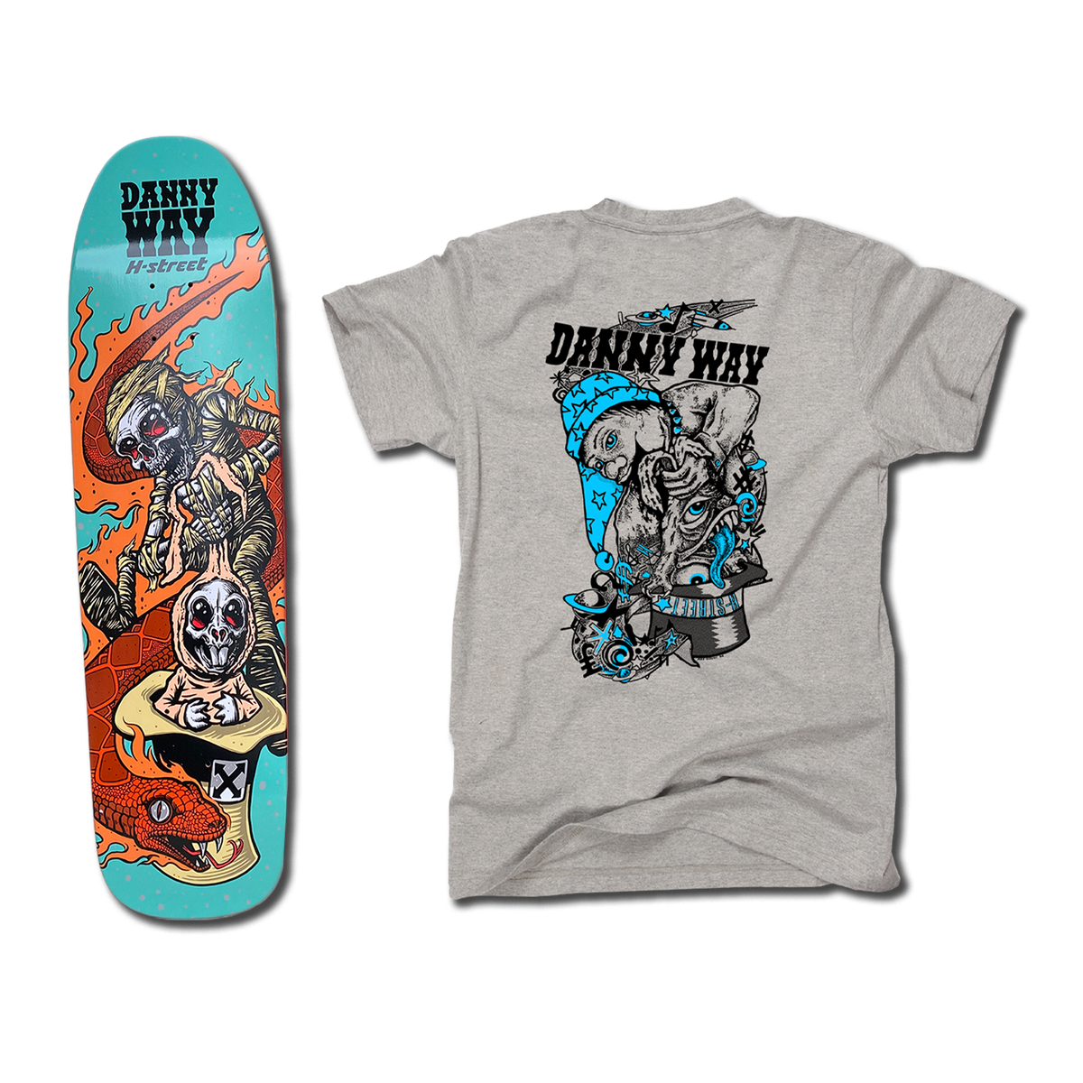 The bottom of a Danny Way Rabbit in the Hat themed blue orange-tan skateboard deck with an illustrated mummy, bunny, and snake. There's also a grey t-shirt with an illustration of a psychedelic rabbit being pulled out of a hat on the back.
