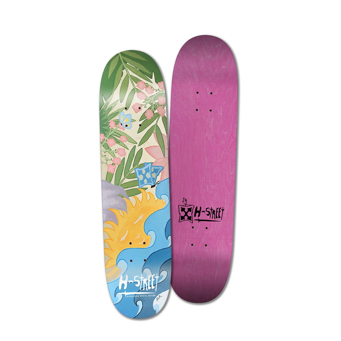 A skateboard deck with an illustration featuring the suns, leaves, and the ocean with the H-Street logo on the bottom, and a pink top with the H-Street logo.
