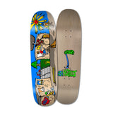A skateboard deck with a colorful graphic featuring an 80's street scene on the bottom, and the brand 'H-Street' visible on the top.