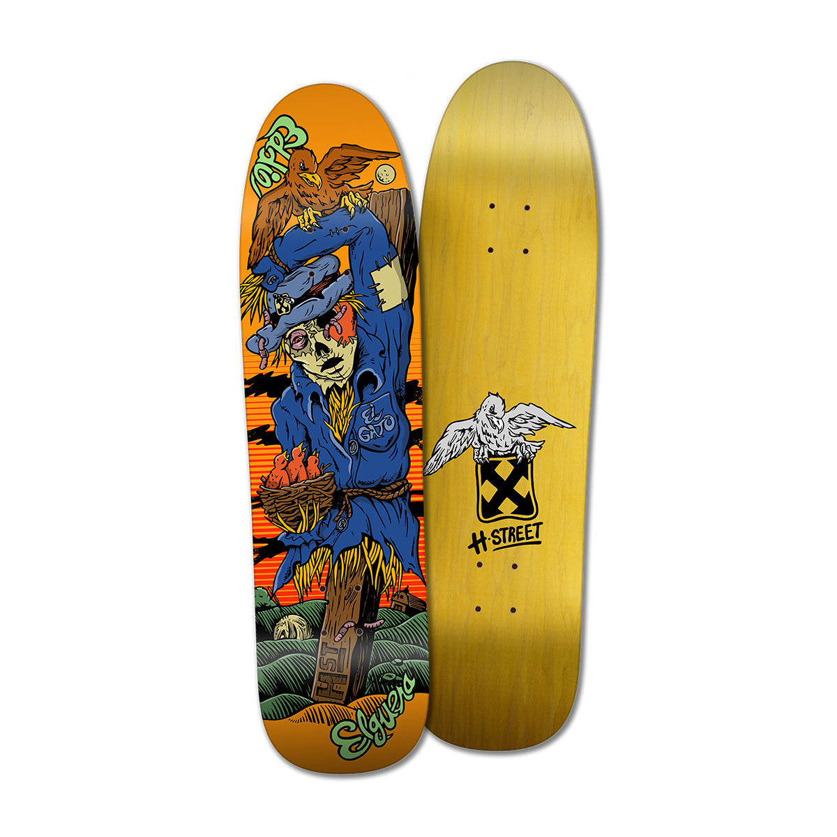 Skateboard deck with colorful design  of a scarecrow and visible brand logo on a white background