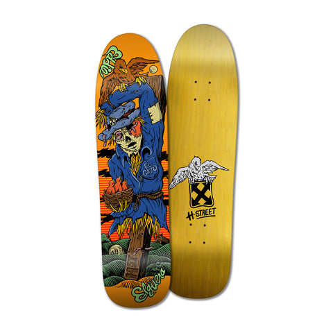 Skateboard deck with colorful design  of a scarecrow and visible brand logo on a white background