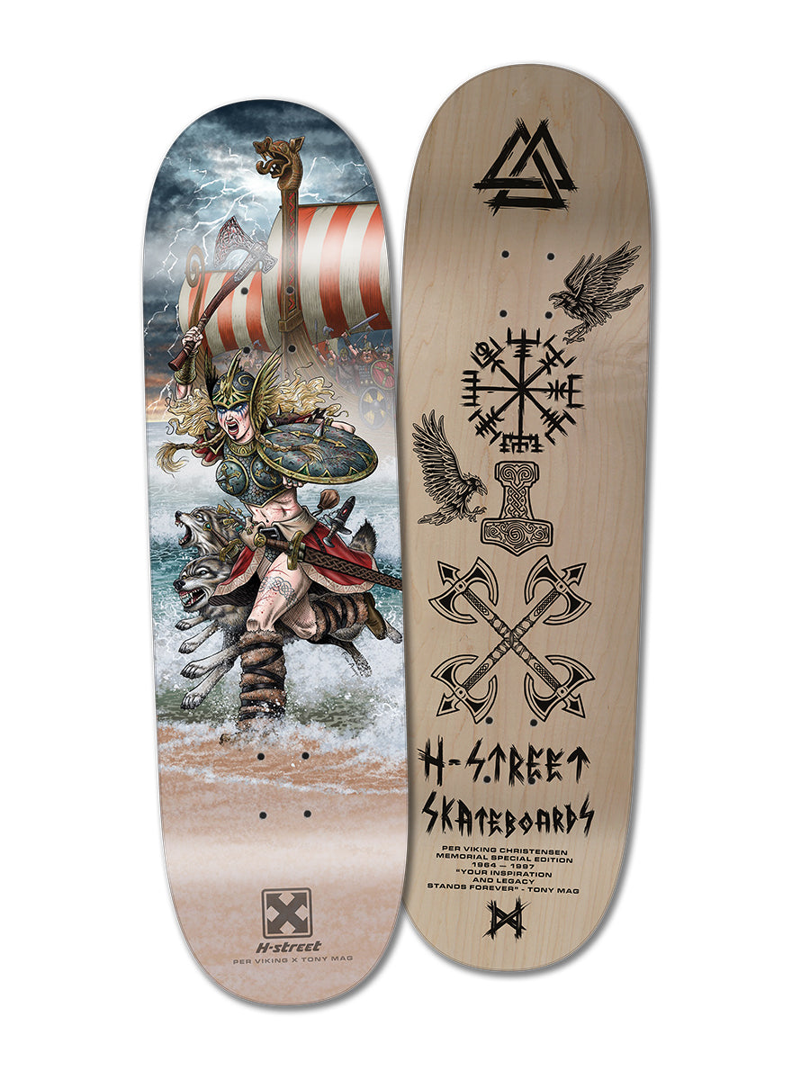Woodchuck PER VIKING MEMORIAL SERIES features two decks: one depicts a colorful Viking warrior woman on a wolf by the sea; the other showcases black Norse symbols, axes, birds, Mjölnir, and H-Street Skateboards text on natural wood.