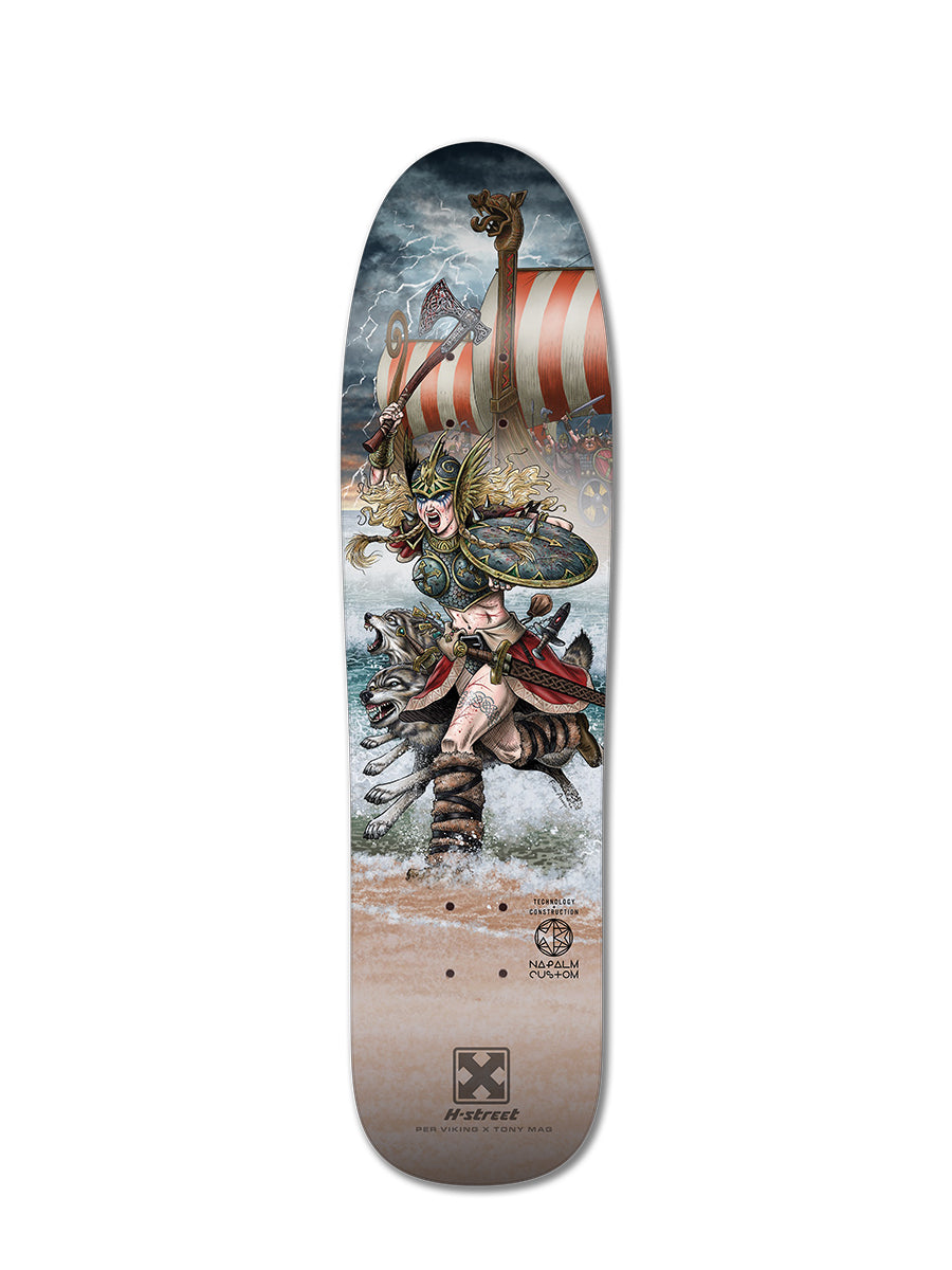 The Woodchuck ALPHA GIRLS COSMIC CARBON skateboard deck boasts durable 4-ply hybrid construction and features vibrant artwork of a Viking warrior woman in armor riding a wolf, Viking ship, and stormy sky.
