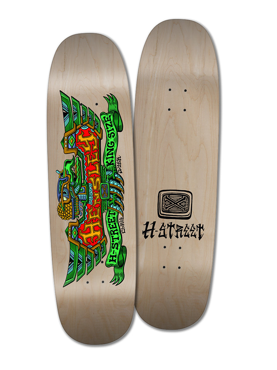 Woodchuck’s HENSLEY/DYER SE KINGSIZE EAGLE decks: one with vibrant 90s-inspired green wing graphics and bold red/yellow text, the other plain with a black logo and stylized lettering. Both showcase a natural wood finish.