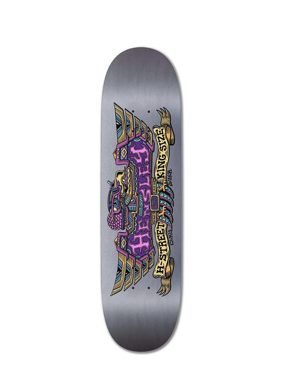 The Woodchuck HENSLEY/DYER SE, KINGSIZE EAGLE features a silver deck with vibrant Chris Dyer artwork, purple Alva lettering, gold wings, and banners reading East Street and King Size—honoring classic 90s skateboard designs.