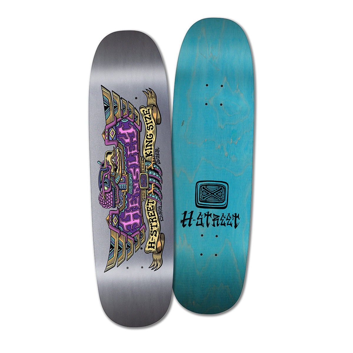 A skateboard deck with a graphic design featuring an abstract bird and text elements, predominantly in purple and gold colors, with the brand name 'H-Street' visible. The top of the board is teal with the H-Street logo.