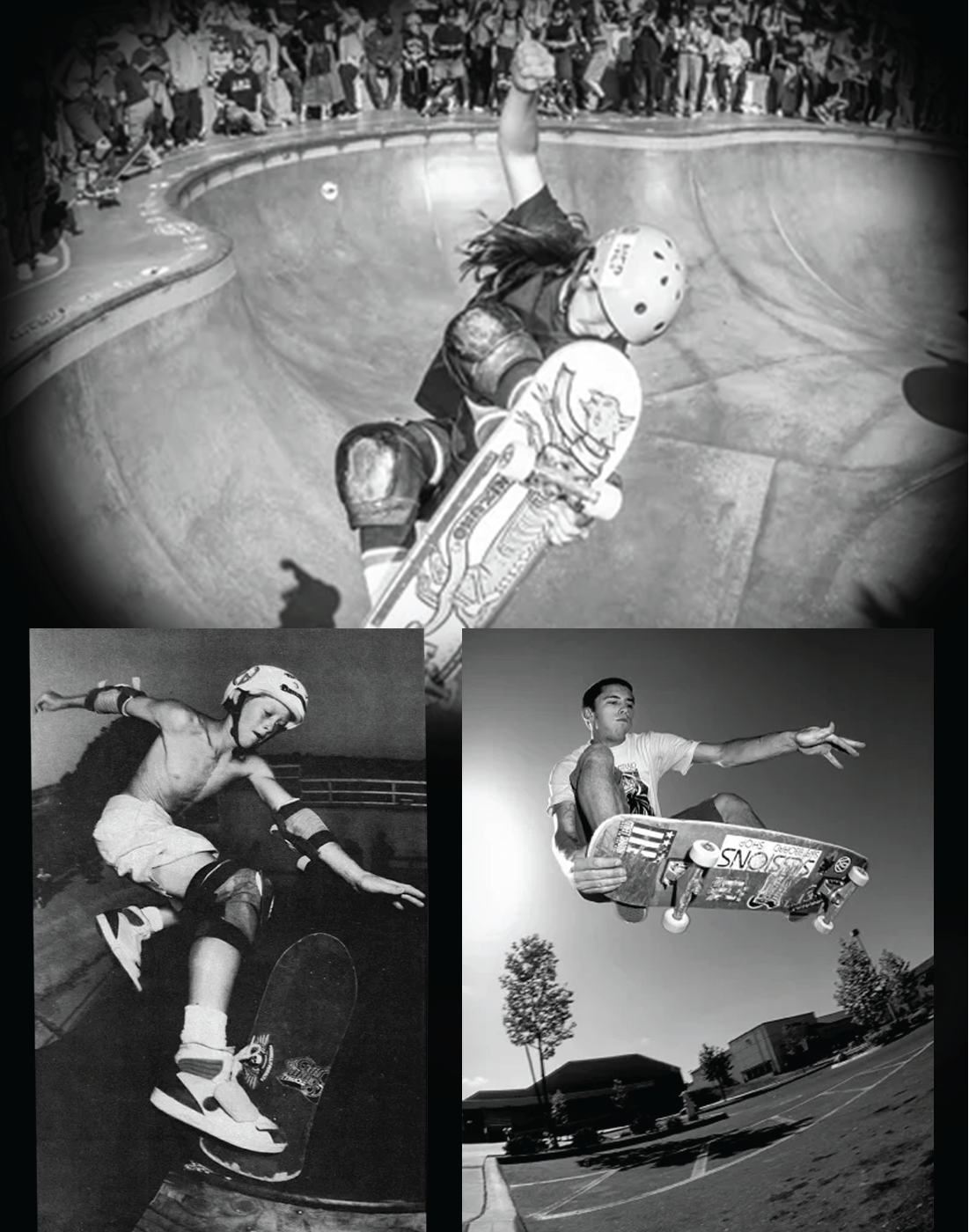 Compilation of black and white photos or skateboarders