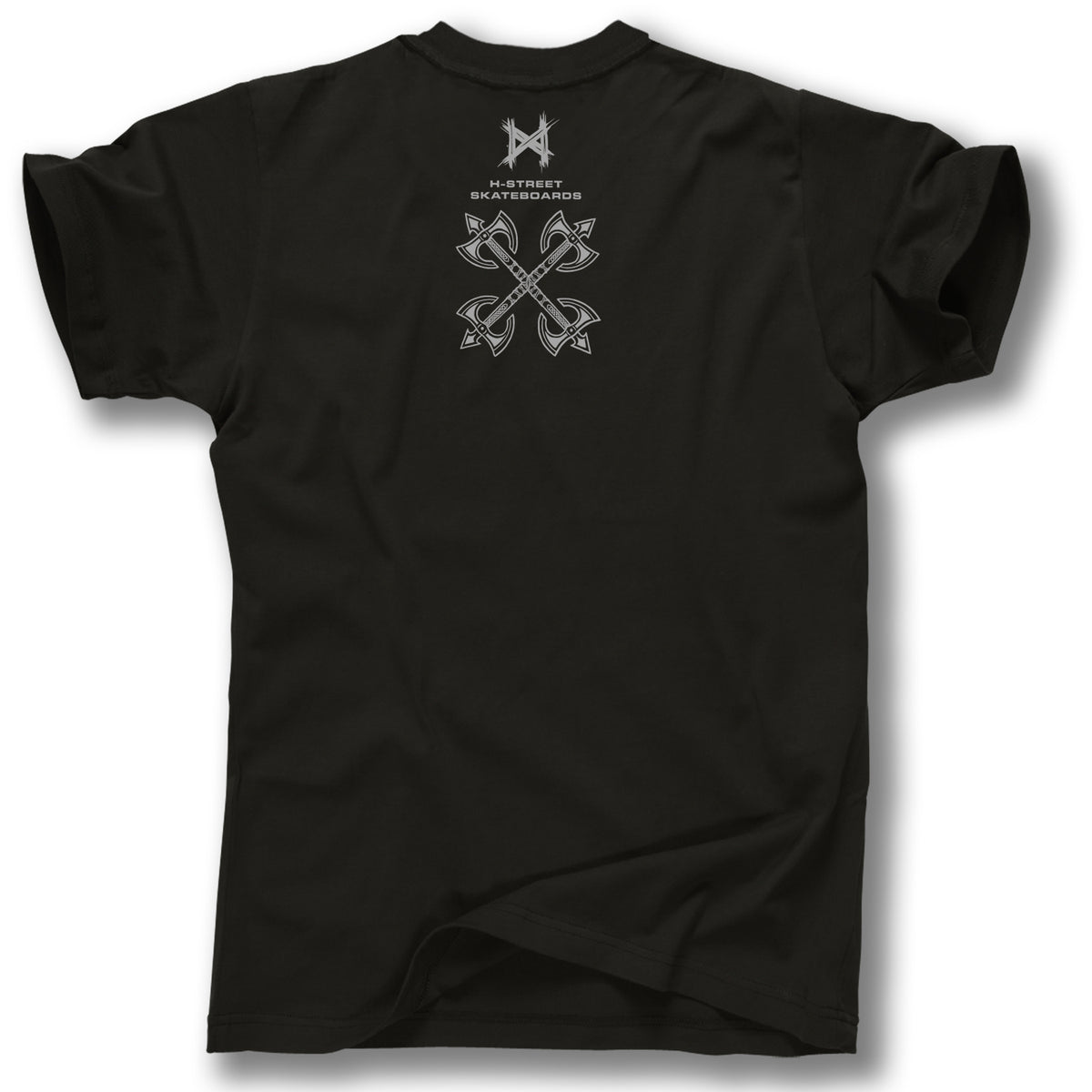 The AXE VIKING LOGO TEE by MH Printing is a black T-shirt shown from the back, featuring a white H-Street Skateboards logo and four intersecting axes—ideal for Viking fans or anyone seeking a bold graphic tee.