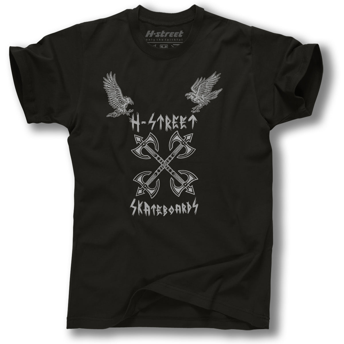 The AXE VIKING LOGO TEE by MH Printing is a black shirt with white eagle graphics, four crossed axes at the center, and bold stylized branding—an iconic piece for fans.