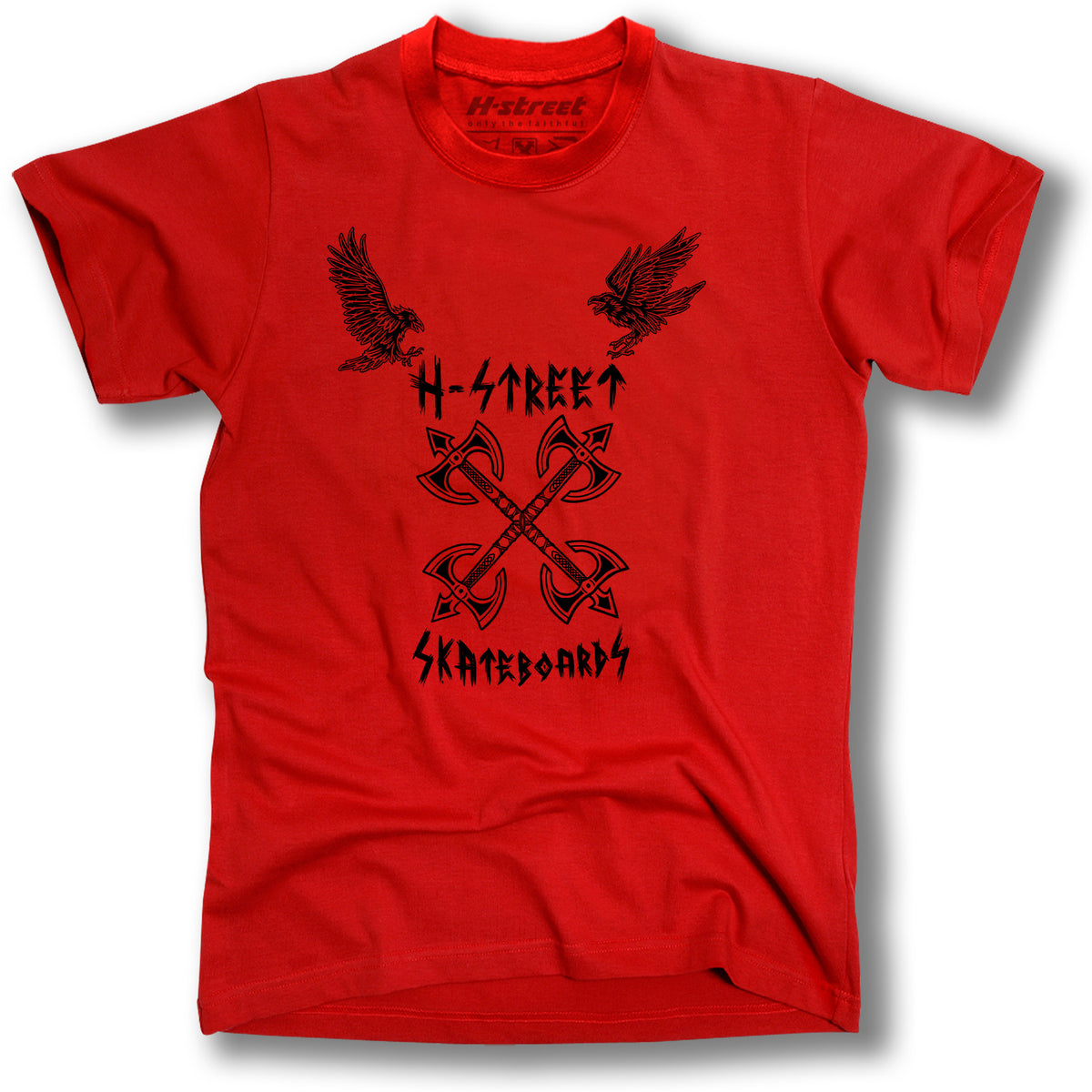 The AXE VIKING LOGO TEE by MH Printing is a red shirt with black graphics showing two eagles, four crossed arrows, and bold H-Street Skateboards text in a stylized font.