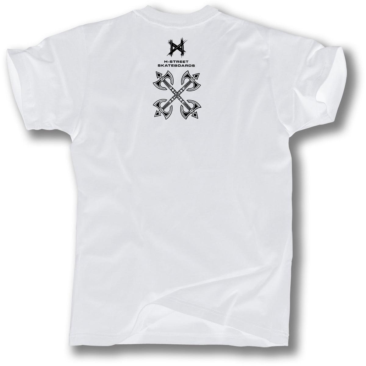 The AXE VIKING LOGO TEE by MH Printing is a white t-shirt featuring a black stylized Viking logo with intersecting arrows and "H-STREET SKATEBOARDS" text printed on the back.