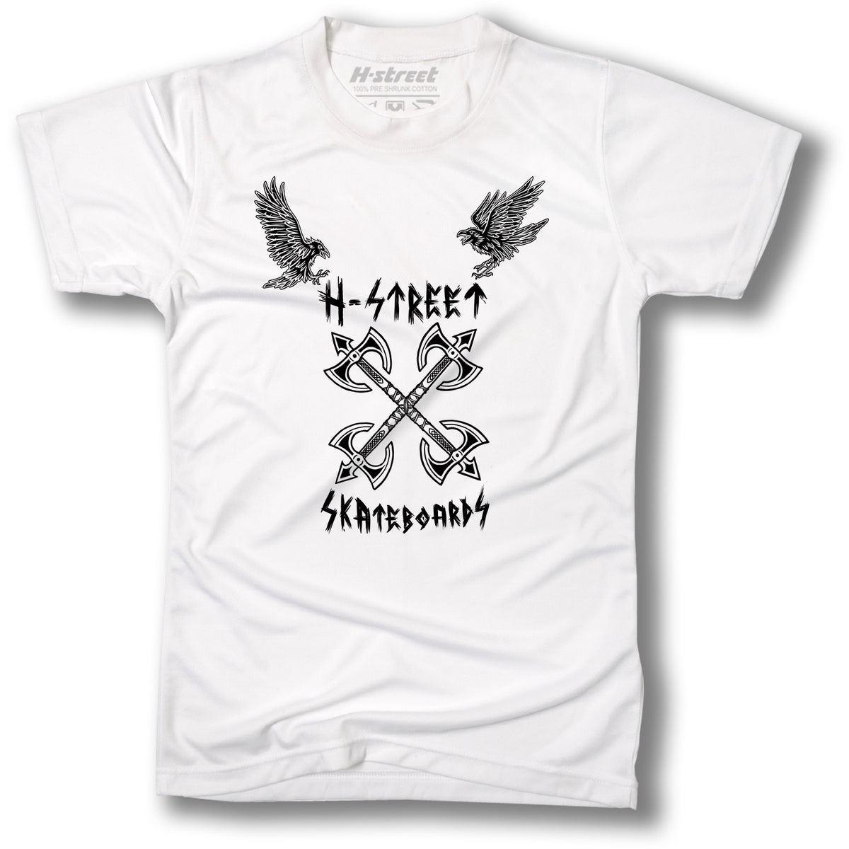 The AXE VIKING LOGO TEE by MH Printing is a white shirt with two eagles at the top and bottom, four crossed axes in the center, "H-STREET" above, and stylized "SKATEBOARDS" below.