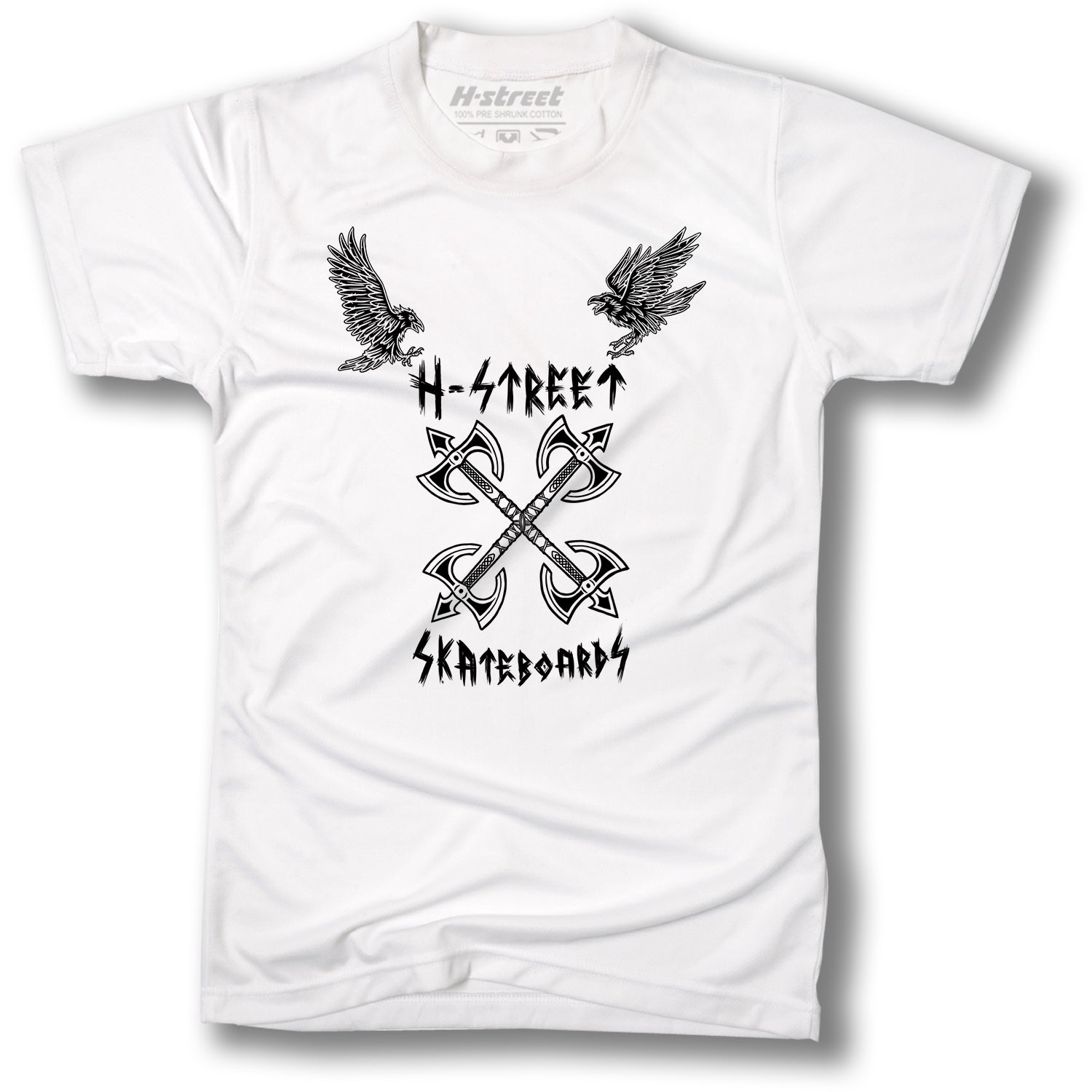 The AXE VIKING LOGO TEE by MH Printing is a white shirt with two eagles at the top and bottom, four crossed axes in the center, "H-STREET" above, and stylized "SKATEBOARDS" below.