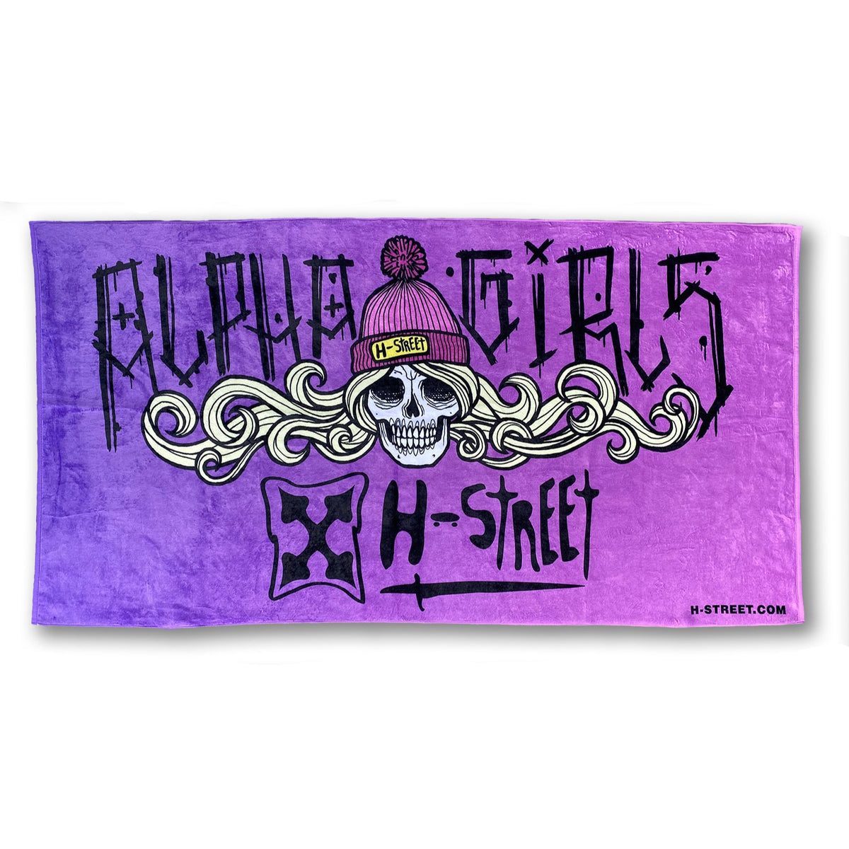 A pink and purple town with an illustration of skull with blonde hair and a pink beanie saying 'H-Street' with the words 'Alpha Girls H-Street' across the back.