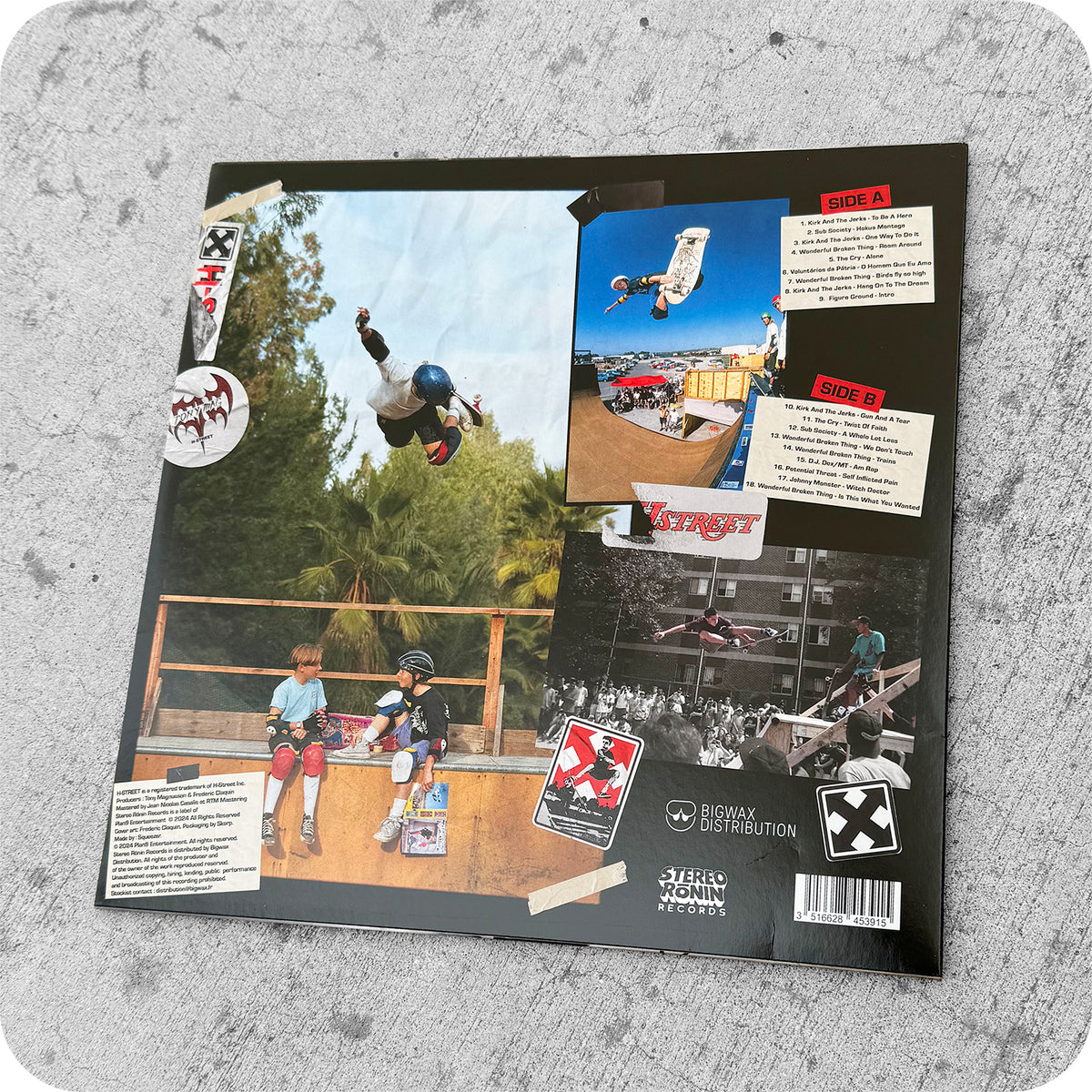 The H-STREET VINYL SOUNDTRACK by STEREO RONIN is a special edition sleeve on concrete, featuring skateboarding photos—mid-air skaters and kids in pads—plus logos and labels throughout the 35th anniversary design.