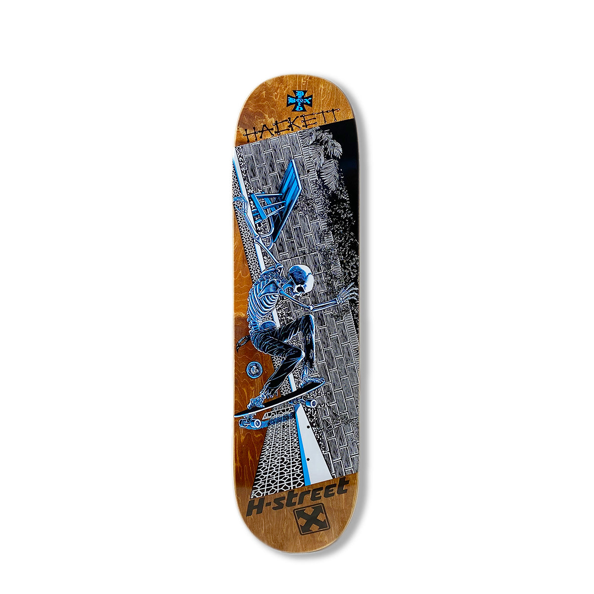 A skateboard deck with a graphic design featuring a stylized black, white, and blue skeleton in jeans on a skateboard with the text 'Hackett' and the H-Street logo. 