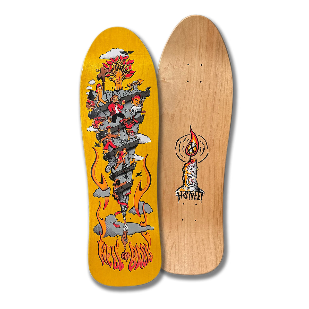 A skateboard deck with a detailed and colorful graphic design featuring fun characters and the text 'Hell and Back' on the bottom, along with a plain maple wood skateboard deck with a candle for the top.