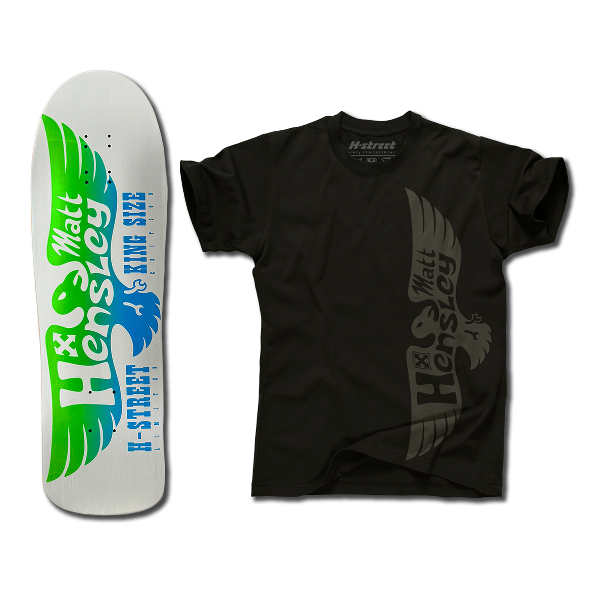 The bottom of a Hensley Eagle King Size Skateboard deck. The bottom is white/grey with a green and blue eagle. Next to it is a black Eagle shirt with the grey eagle logo on the front.