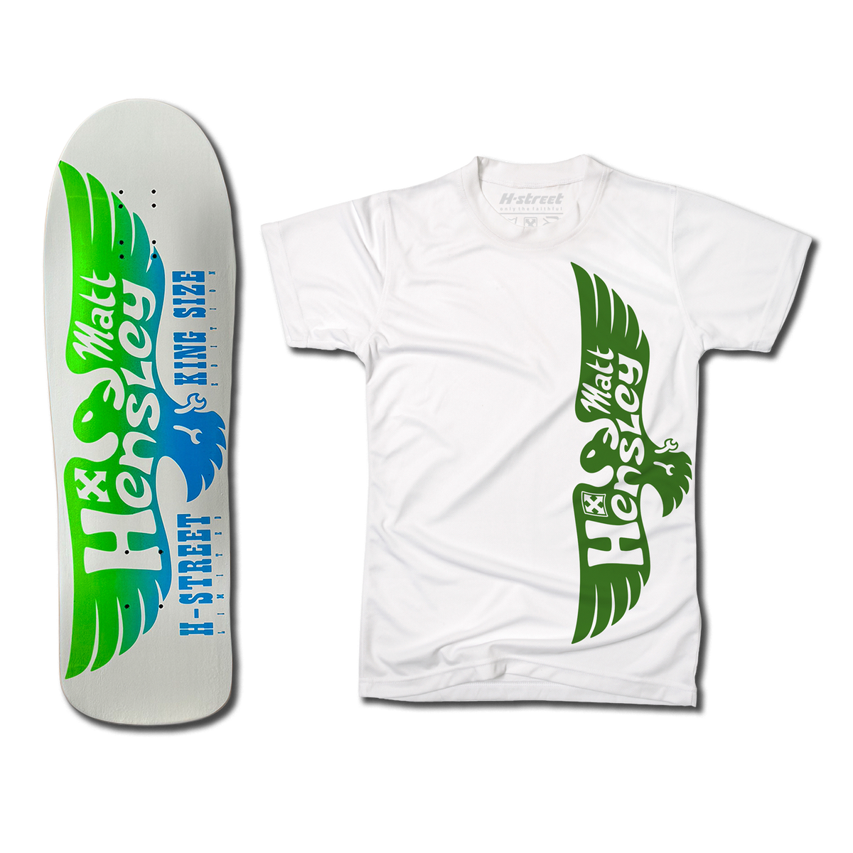 The bottom of a Hensley Eagle King Size Skateboard deck. The bottom is white/grey with a green and blue eagle. Next to it is a white shirt with the green eagle logo on the front.