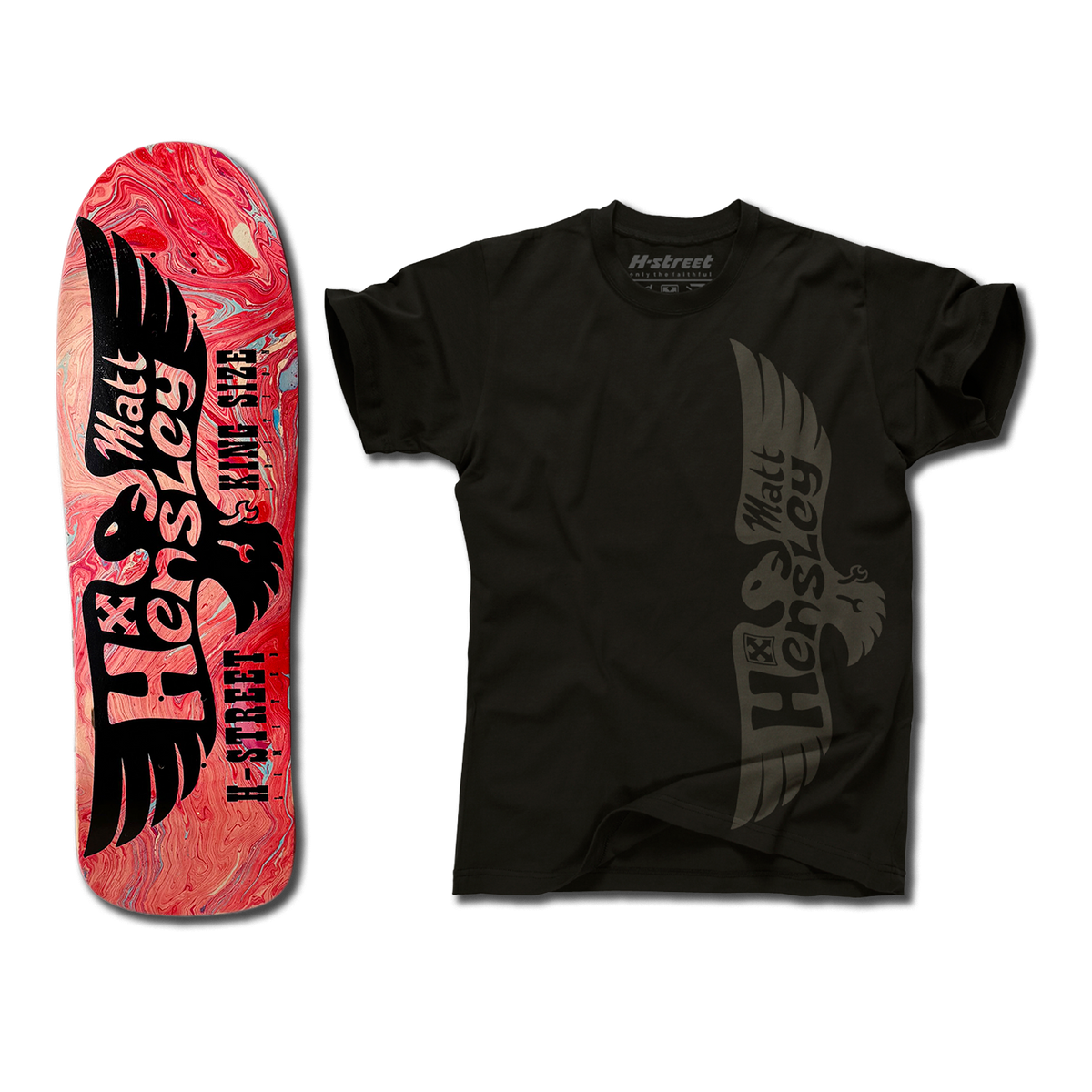 The bottom of a Hensley Eagle King Size Skateboard deck. The bottom is hydro dipped with a black eagle. Next to it is a black Eagle shirt with the grey eagle logo on the front.