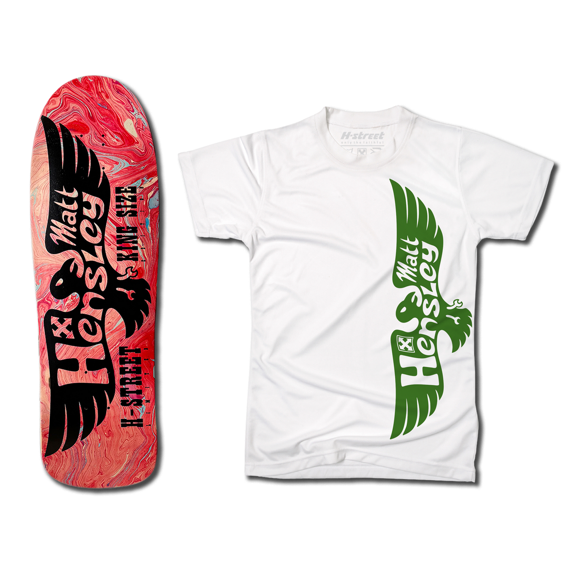 The bottom of a Hensley Eagle King Size Skateboard deck. The bottom is hydro dipped with a black eagle. Next to it is a white shirt with the green eagle logo on the front.
